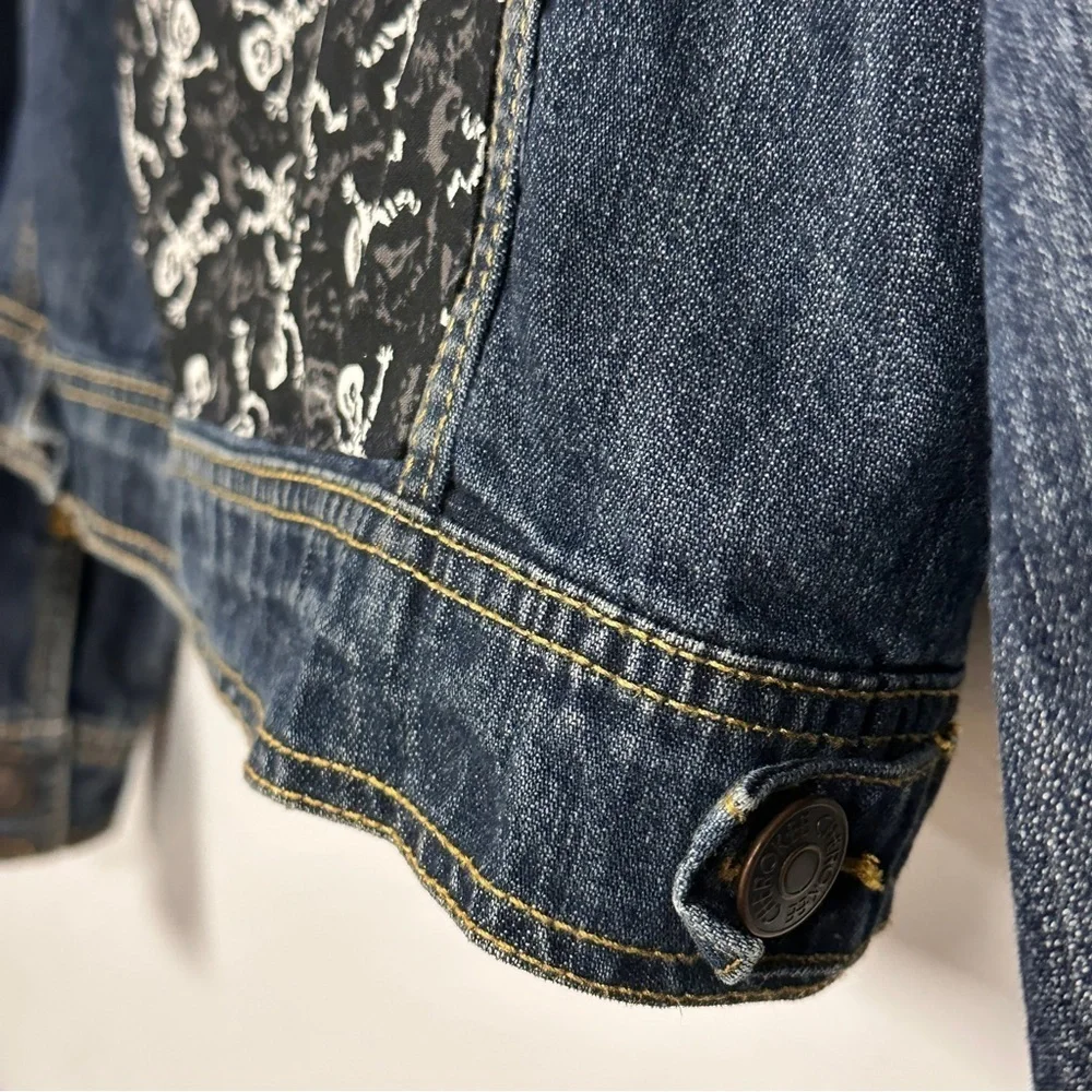 Black & White Skeleton fabric on an Upcycled Cherokee Denim Jacket., XL 14 / 16
